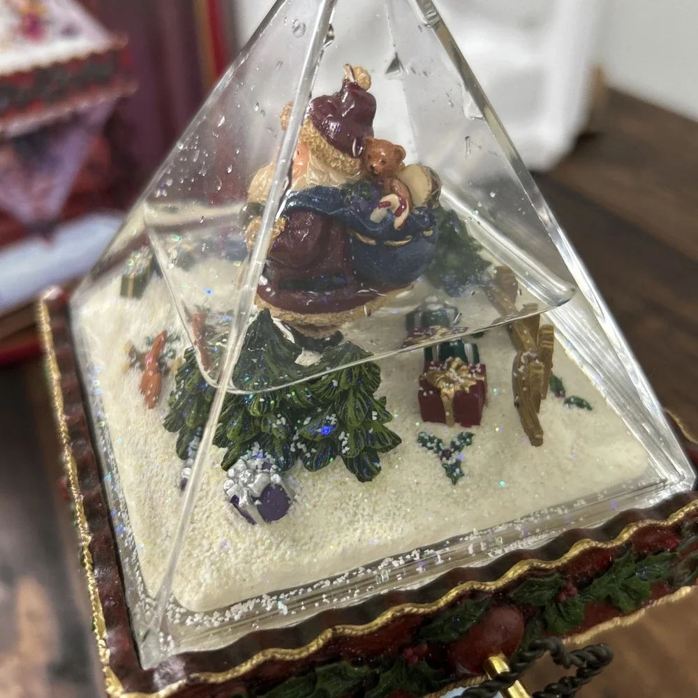 Rotating Pyramid Water Globe Christmas Santa‎ Snowman with Box. Kirkland Brand